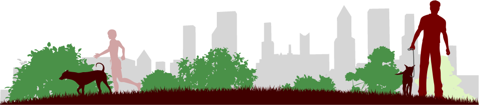 Silhouette of 2 people with dogs